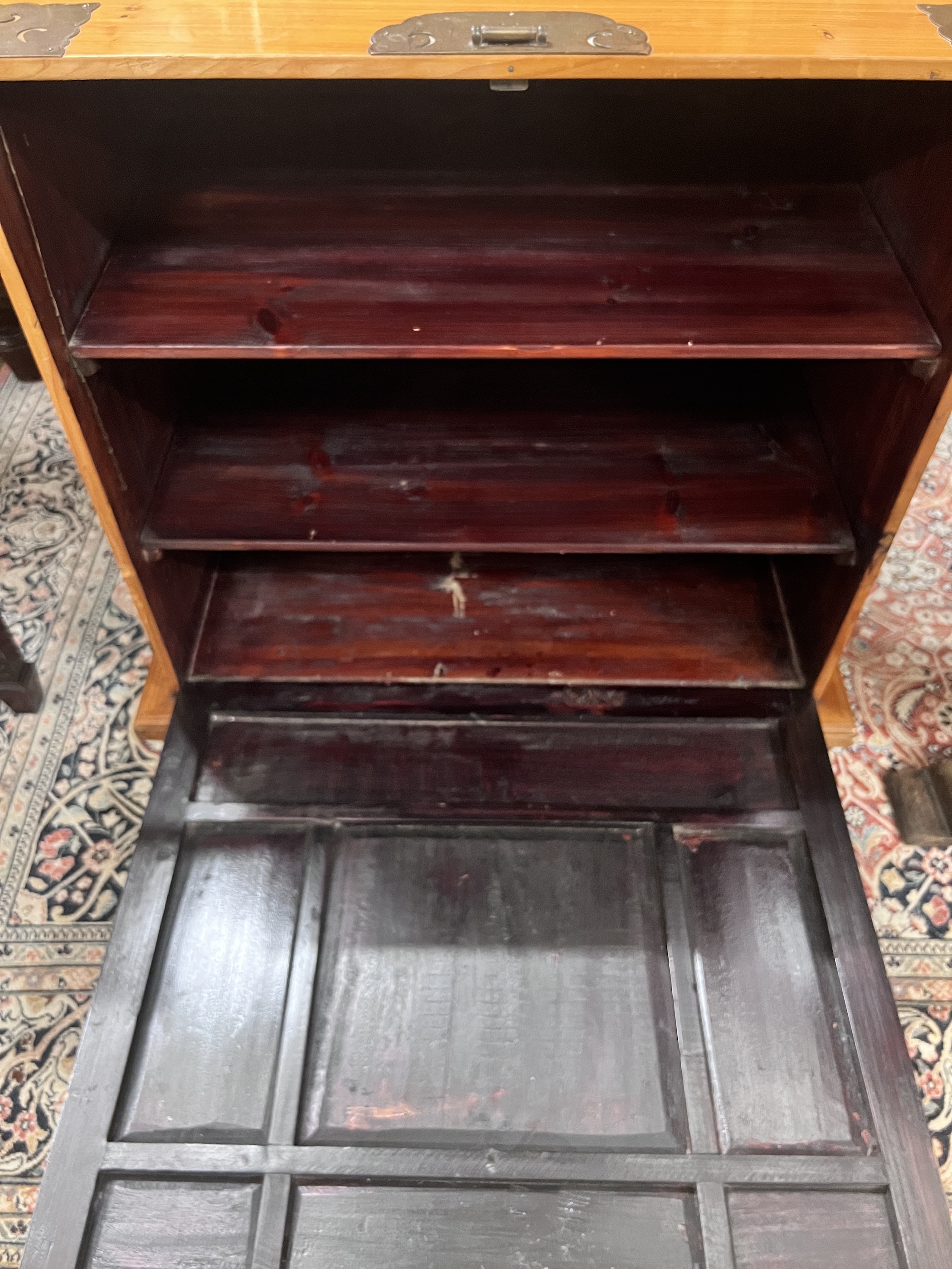 A Chinese brass mounted gilt painted pine fall front cabinet, width 80cm, depth 53cm, height 94cm